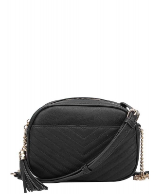 Fashion V Pattern Stitch Tassel Crossbody Bag WU-121 BLACK